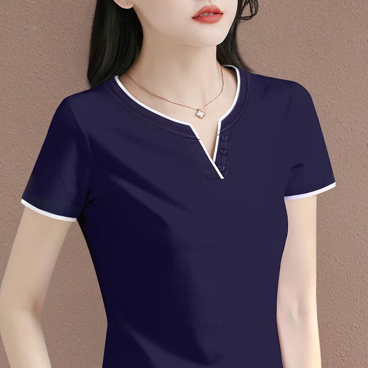【精梳棉时尚百搭短袖】V领拼接短袖女2025夏季新款显瘦减龄上衣衫