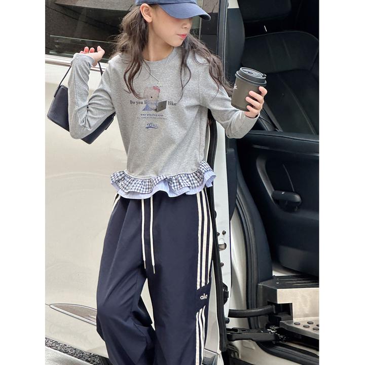 K29876孙小美花边拼接女童长袖T恤秋装儿童上衣2025新春秋打底衫