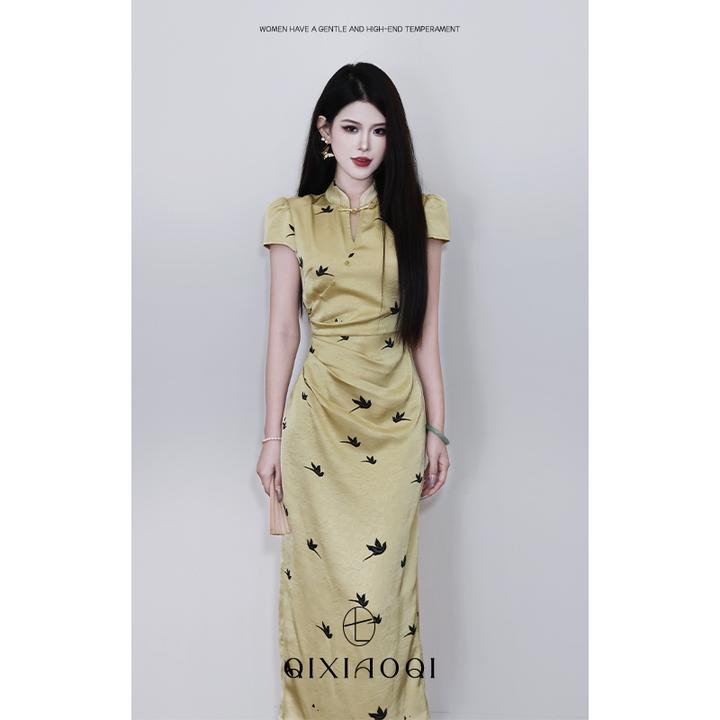 七小七Sicily【夜露浮金】新中式国风古法黄色旗袍修身气质连衣裙女
