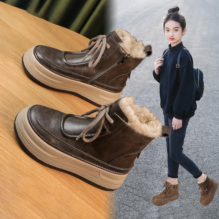 ABC加绒靴子冬季新款中大童雪地棉靴女孩马丁靴大棉儿童女童短靴