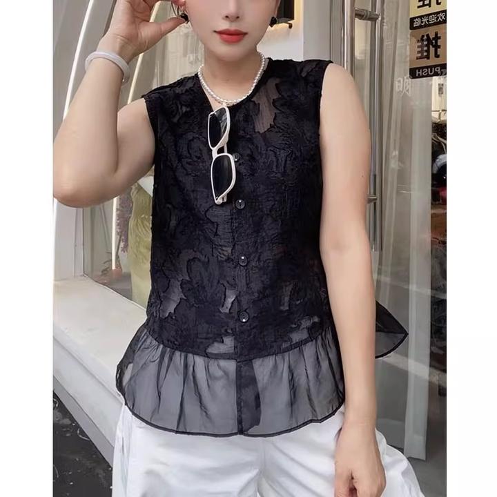 无袖衬衫女2025夏季新款韩版时尚提花设计感网纱拼接气质百搭上衣