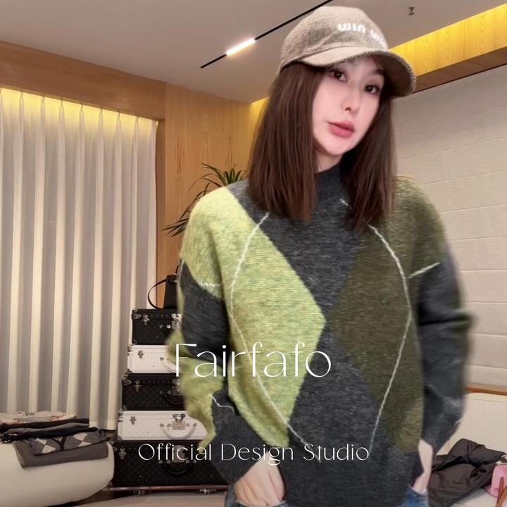 【撞色菱格毛衣】SEMY59027秋冬设计感舒适撞色宽松温暖系复古毛衣