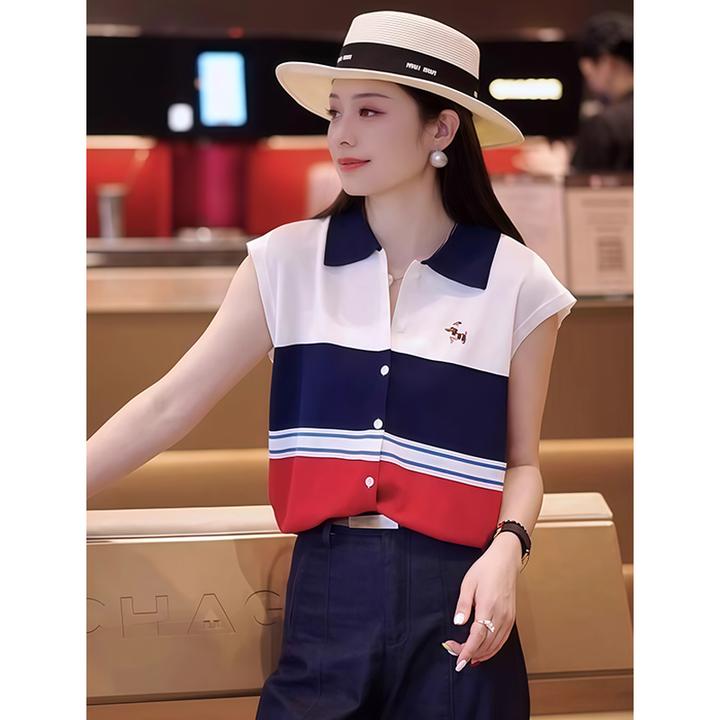 韩系Polo领时尚撞色针织衫夏季冰丝新款洋气减龄显瘦休闲女装上衣