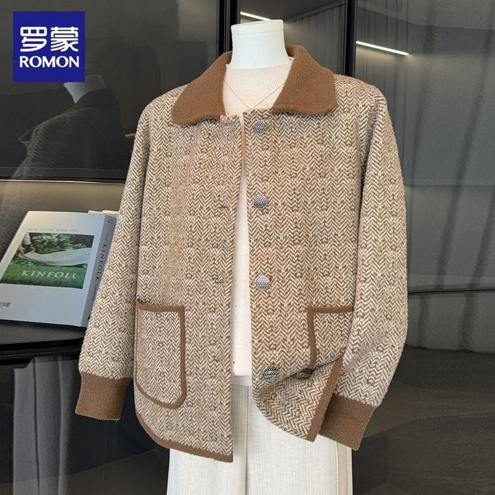 罗蒙妈妈秋装外套2025新款中老年人洋气休闲毛呢上衣服针织开衫女