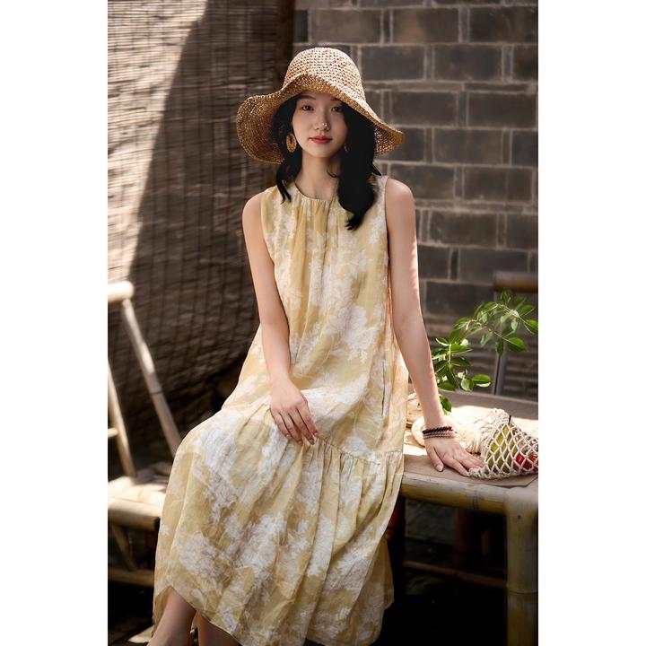 海边度假裙~茉香风浅清凉+剪纸印花无袖连衣裙25夏新款は