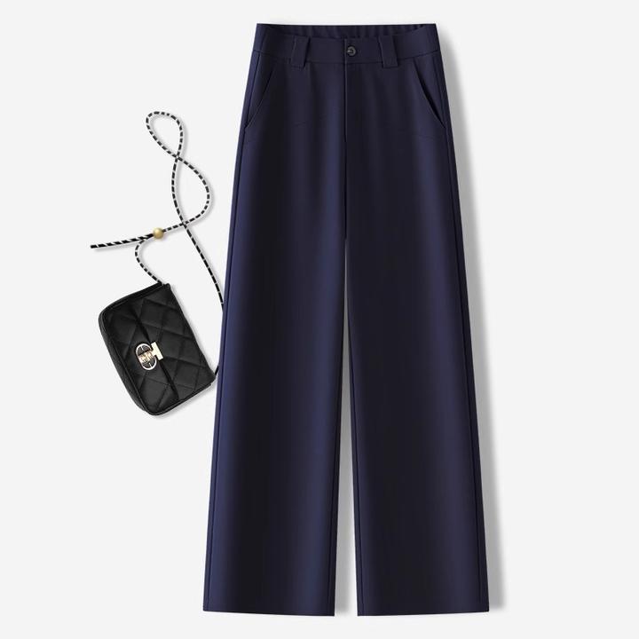 高端藏青色醋酸阔腿裤女夏季薄款2025年新款显瘦西装九分直筒裤子