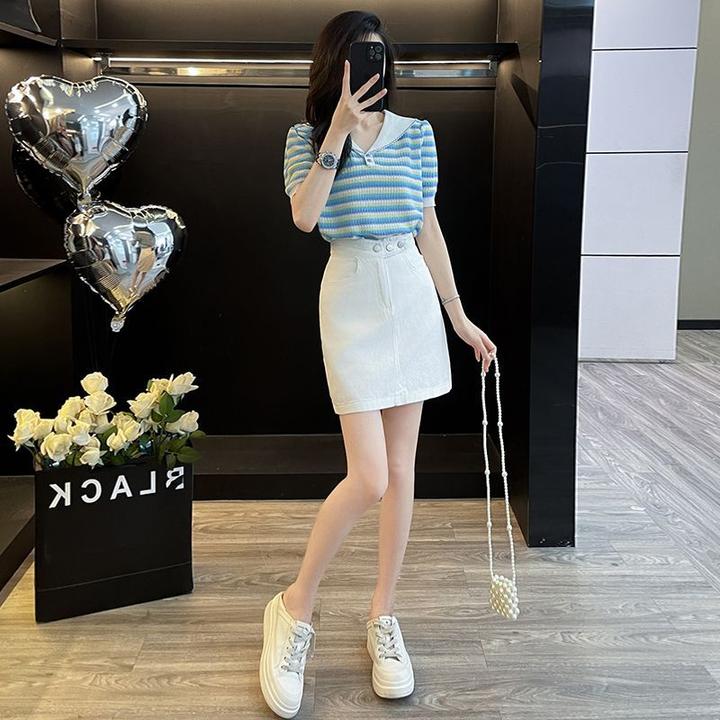 【百搭半裙】海军领条纹短袖针织衫女白色水洗棉牛仔短裙A字包臀