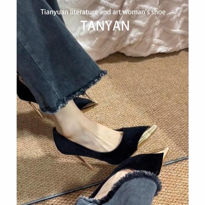 绝美黑色绒面高跟鞋女细跟2024新款秋冬金属尖头御姐性感浅口单鞋