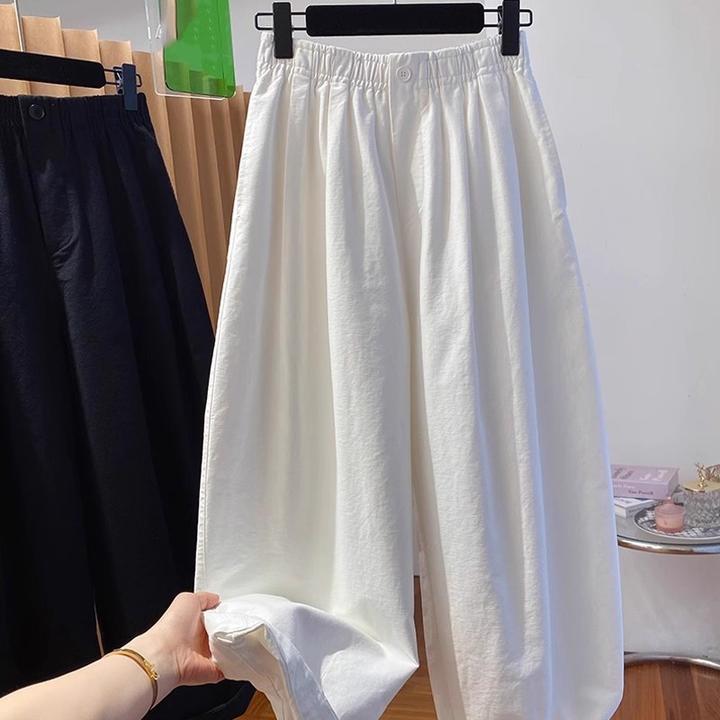 镰刀裤女夏季清凉透气大码女裤松紧腰休闲裤阔腿哈伦裤白色九分裤