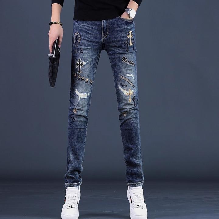 Cebrodz秋季新款刺绣破洞牛仔裤男潮牌修身小脚潮流弹力男士长裤