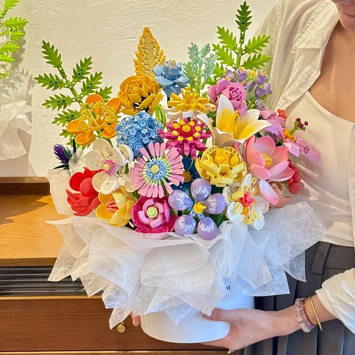 积木花DIY手工拼装插画抱抱桶送女友情人节520七夕母亲节教师礼物