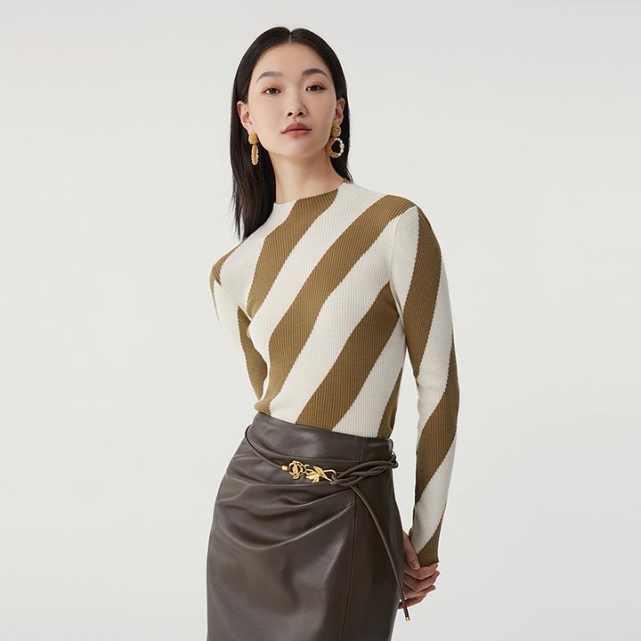 芭蒂娜纯羊毛斜条纹针织衫女冬季半高领内搭上衣134Q260