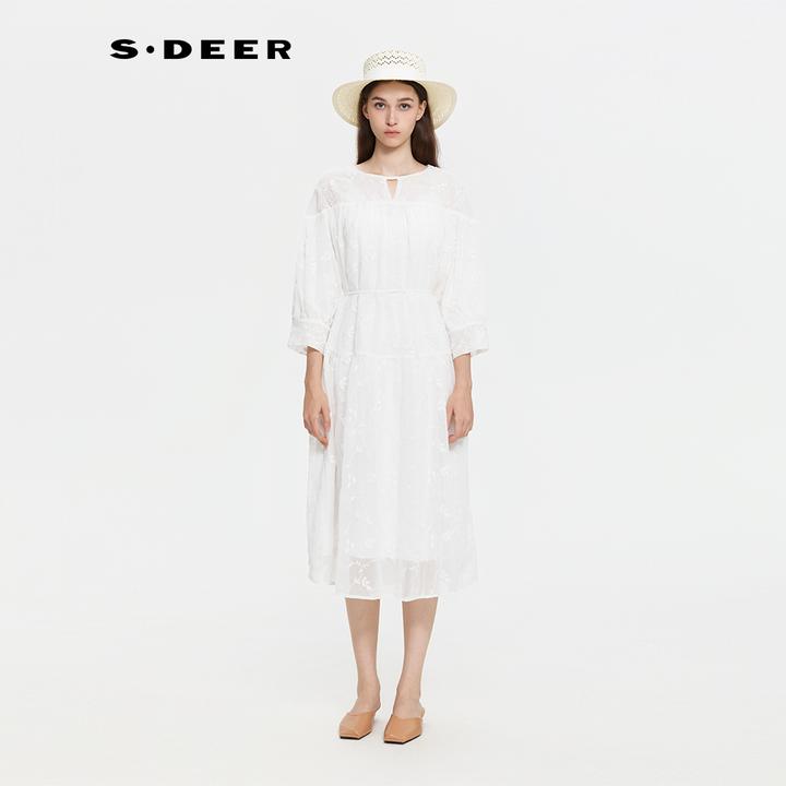 S·DEER圣迪奥秋季清纯白色法式优雅提花蕾丝长袖连衣裙S253Z1214