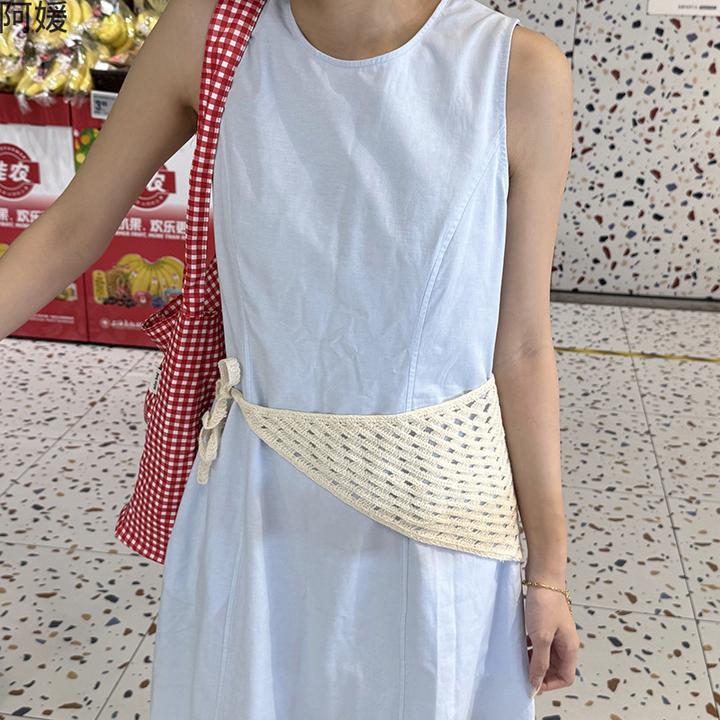 针织镂空巾夏女田园发带新款色简约屁帘叠穿腰封三角巾系腰