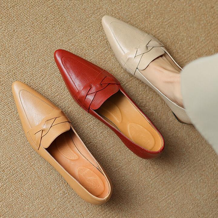 真皮新款时尚女鞋百搭中跟粗跟气质尖头单鞋休闲法式深口乐福鞋子