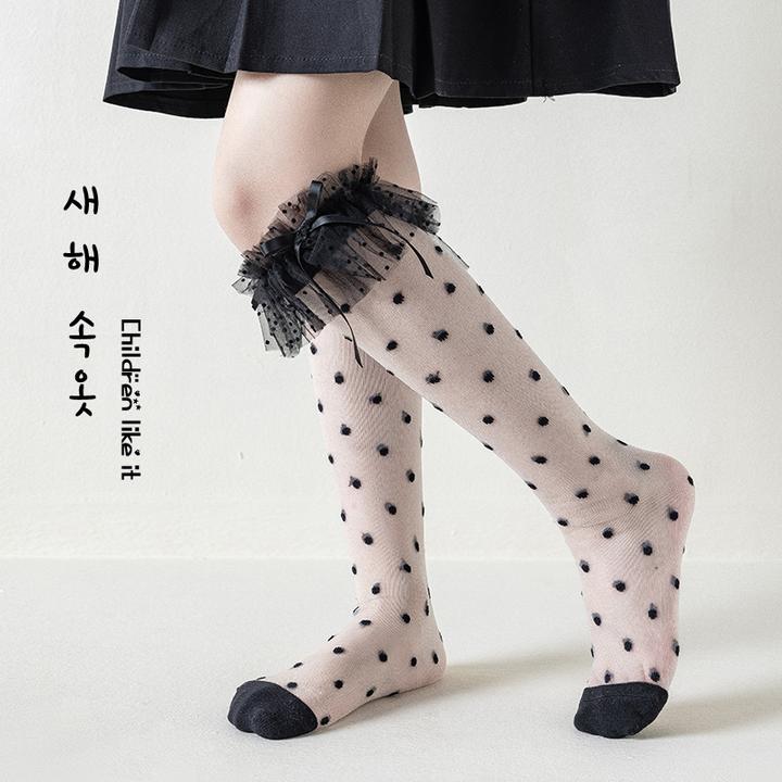 女童小腿袜春夏季超薄韩版黑白色公主甜美蕾丝花边蝴蝶结长筒袜