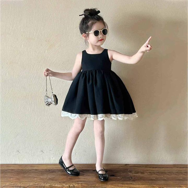 女童装2025夏季新款黑色花边背心连衣裙女童赫本风气质露背黑裙