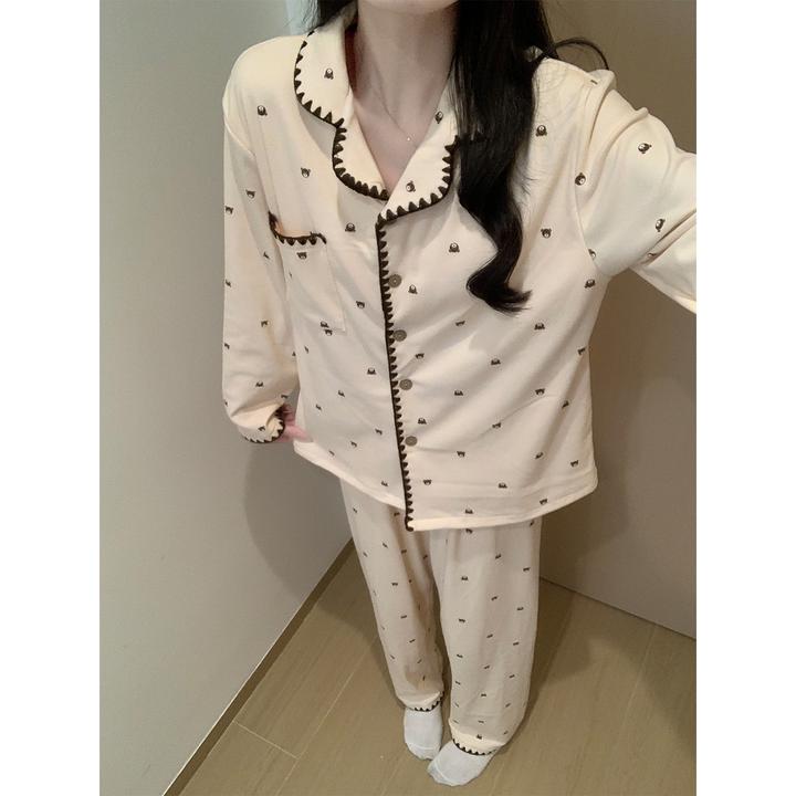 Meng luan/梦鸾德绒小熊睡衣女士秋冬季薄绒带胸垫可爱长袖家居服