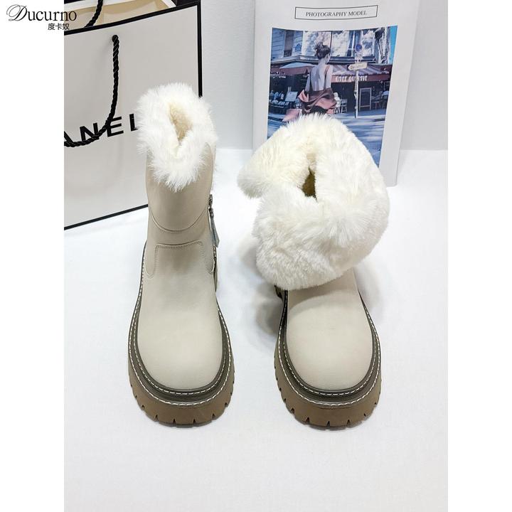 DUCURNO厚底雪地靴女时尚加绒加厚毛毛靴保暖东北棉鞋防滑马丁靴