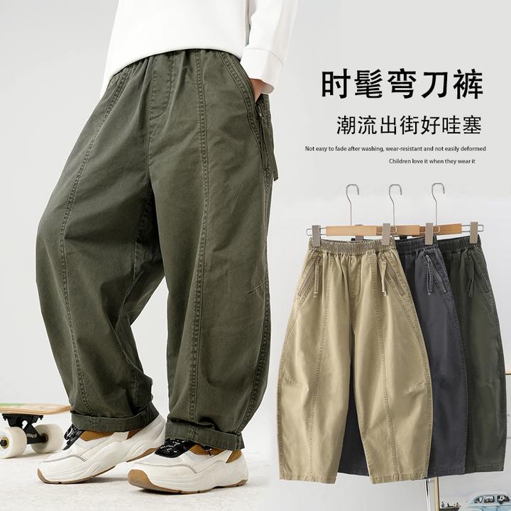 男童秋季新款拼接拉链休闲长裤中大童复古百搭工装风弯刀裤6513