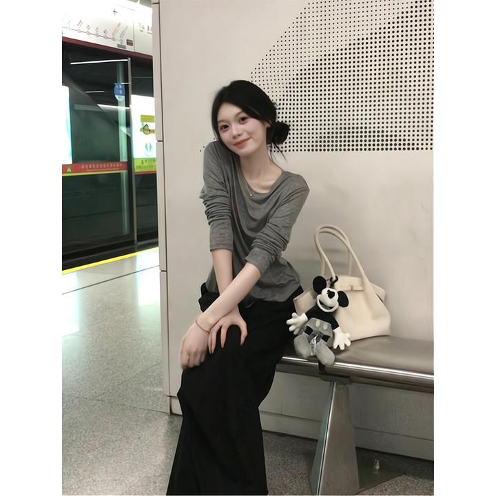 灰色圆领长袖针织衫毛衣打底衫上衣休闲裤高腰遮肉显瘦百搭微喇裤