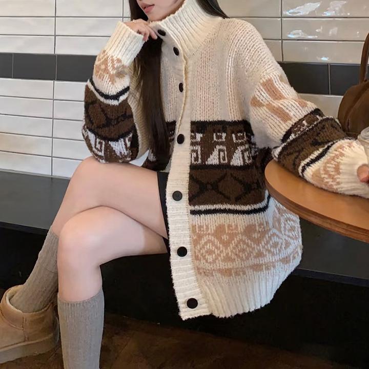 韩版全羊毛撞色开衫秋冬提花拉链毛衣开衫时尚复古中长款外穿开衫