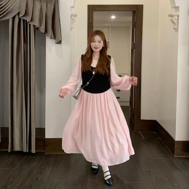 徐达布【浪冰原办】大码长袖连衣裙女秋季微胖法式长裙L36768C53