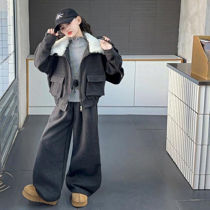 女童夹棉加厚套装秋冬2025新款儿童宽松外套中大童毛衣裤子两件套
