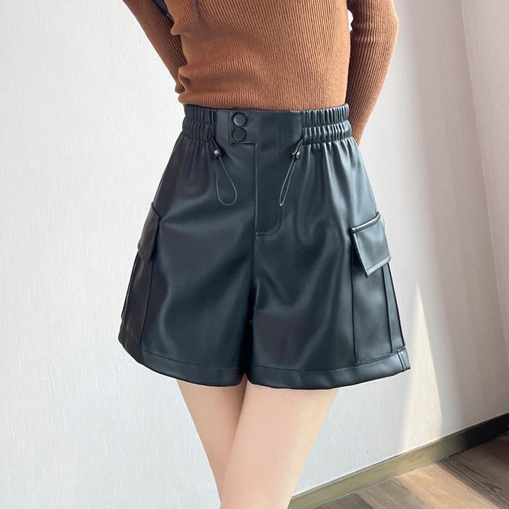 黑色皮短裤女秋冬加厚款高腰宽松显瘦外穿阔腿靴裤a字显瘦pu皮裤