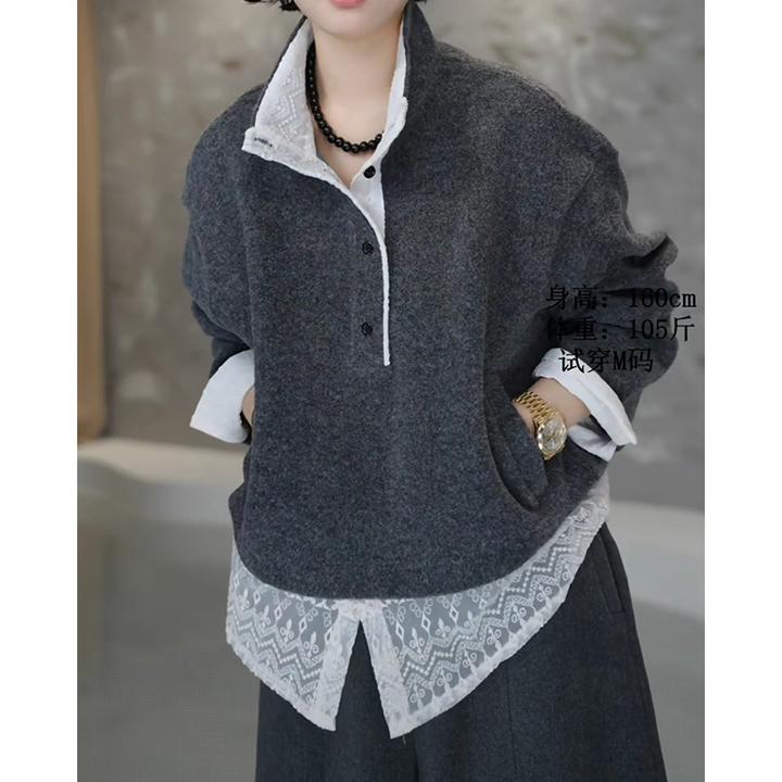 时尚精致蕾丝拼接加厚假两件卫衣女2025冬季新款宽松洋气百搭上衣