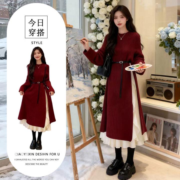 秋冬一整套穿搭红茶风气质中长款毛衣搭配法式显瘦连衣裙两件套女