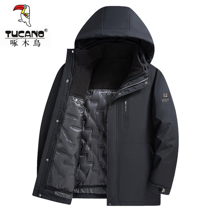 内胆可脱卸一衣三穿啄木鸟冬季男士中长款外套户外极寒冲锋羽绒服