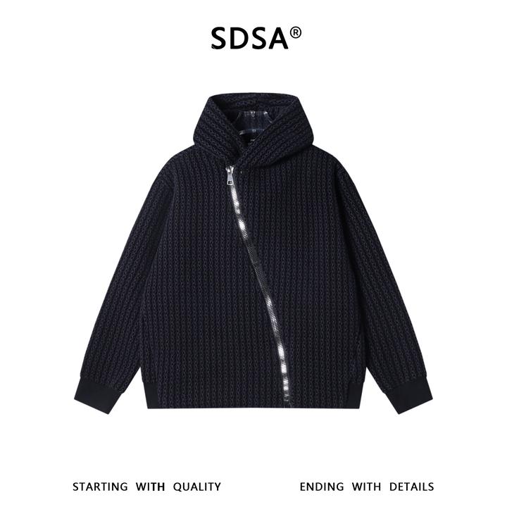 SDSA男士秋冬新款痞帅男装潮牌撞色竖纹设计斜拉链连帽卫衣外套