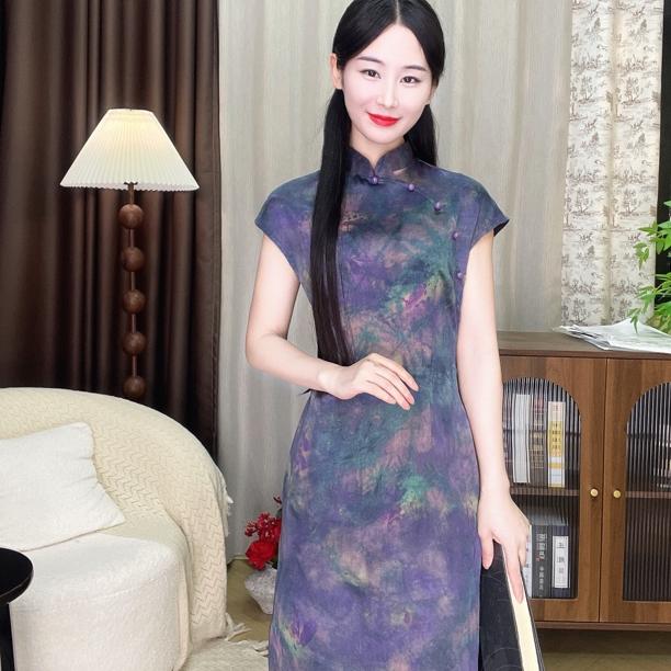 【心懂旗袍-紫梦】单层轻薄舒适日常无袖立领春夏长旗袍中式印花