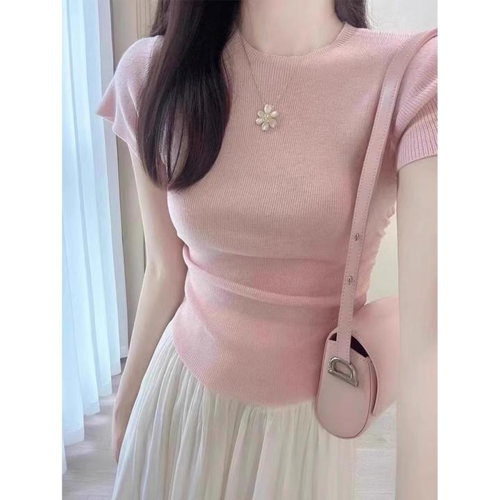 纯欲风粉色冰丝针织短袖t恤女夏季修身打底衫辣妹短款小飞袖上衣