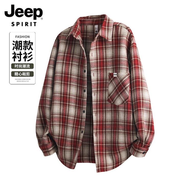 吉普秋季格子长袖衬衫男士2025新款潮牌痞帅宽松休闲衬衣外套上衣
