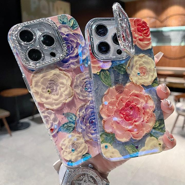 适用苹果系列iPhone16新款手机壳蓝底粉白花朵全包镜头膜钻框支架
