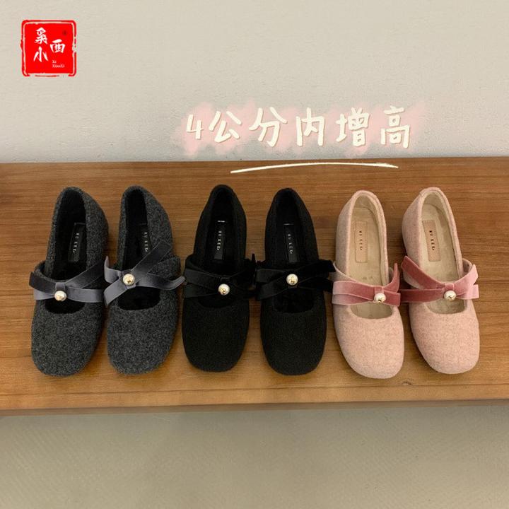 时尚水果新款平底尖头玛丽珍鞋冬复古百搭蝴蝶结珍珠韩版女加绒