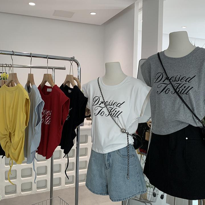 后背抽绳字母印花圆领小飞袖短款T恤上衣夏季洋气女短袖字母体恤