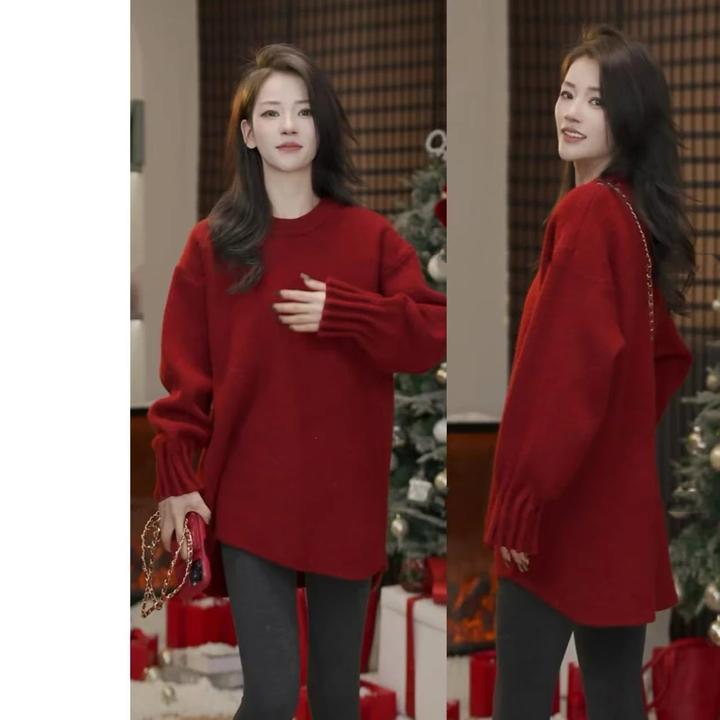 新年圣诞氛围感设计红色针织衫女毛衣2024冬装欧货时尚打底衫女