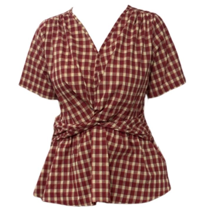 【Amy家】法式复古红色格子短袖衬衫女夏季设计感收腰遮肉显瘦上衣