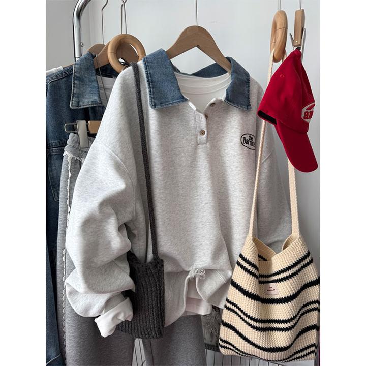 美式polo翻领假两件卫衣外套女微胖mm大码宽松慵懒风无帽长袖外套