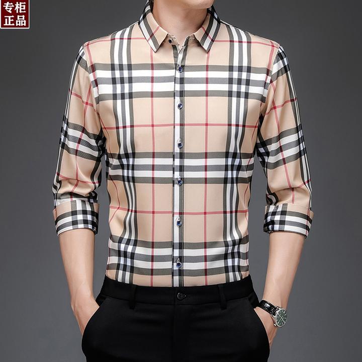 欧洲轻奢LUNBBLRRY春季桑蚕丝衬衫男款长袖商时尚务男士格子衬衫