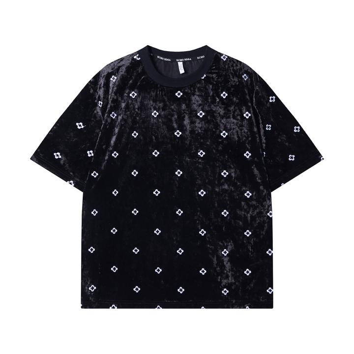 春夏新款时尚个性美式撞色绒面刺绣花朵圆领短袖T恤宽松潮流上衣