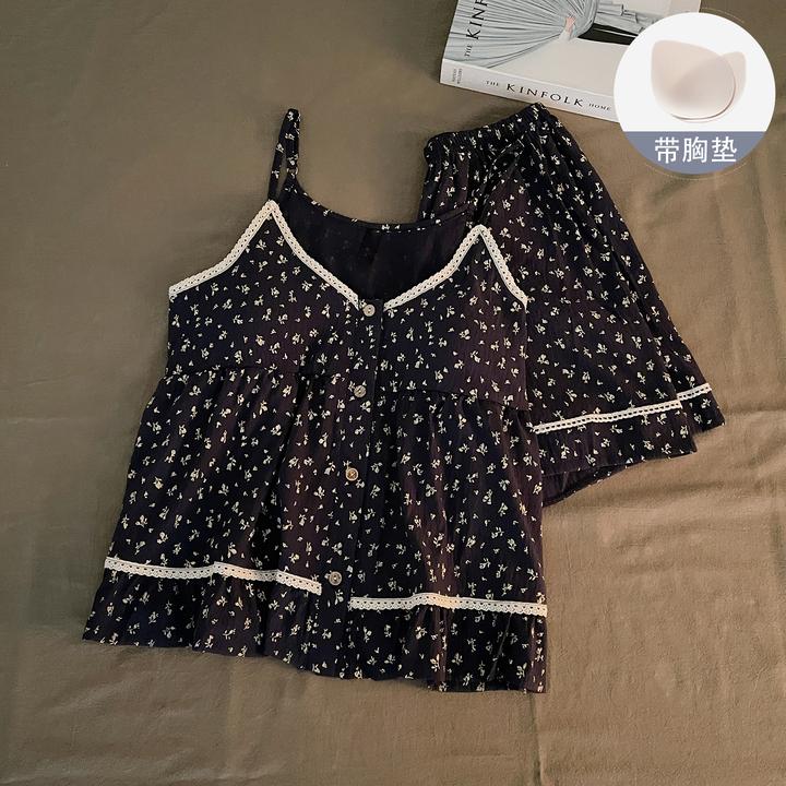 韩系ins风碎花甜美吊带睡衣女带胸垫2025新款夏季家居服两件套装