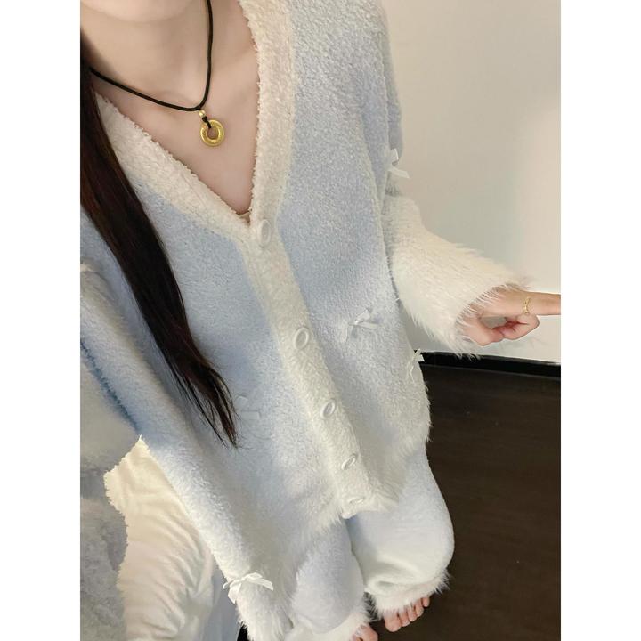 甜美毛绒蝴蝶结半边绒渐变睡衣女秋冬新款大码加厚保暖家居服套装