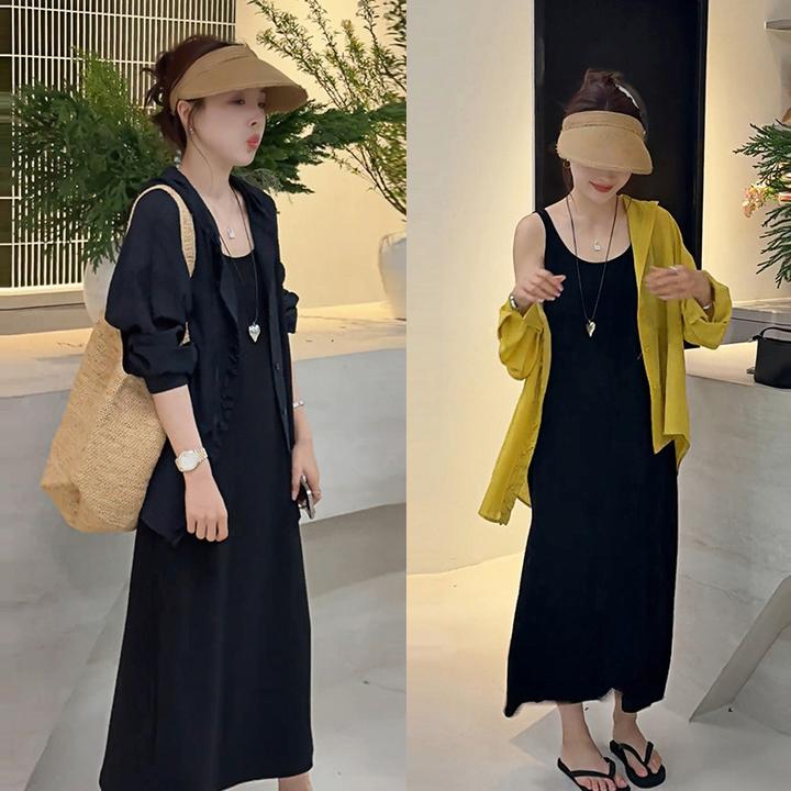 时尚休闲慵懒风两件套女夏季新款连帽防晒衬衫遮肉显瘦背心连衣裙