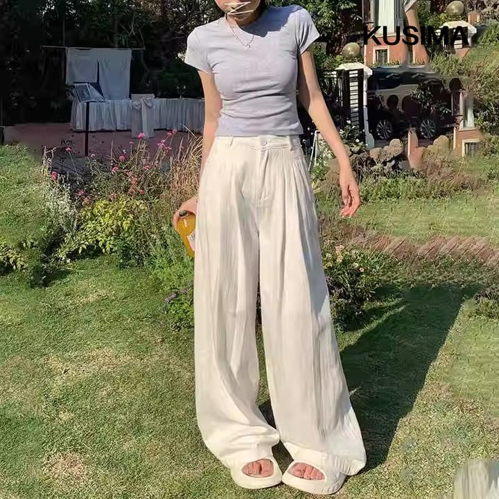 白色纹理感阔腿牛仔裤女2025秋季新款不透褶皱高腰宽松显瘦拖地裤