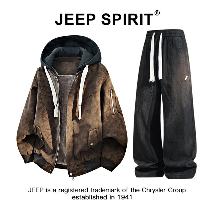 JEEPSPIRIT吉普美式休闲套装男款冬季加绒PU皮外套保暖大码两件套