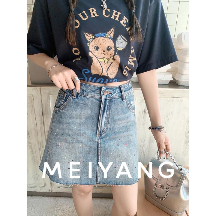 A美洋MEIYANG 彩绘牛仔半裙 艺术个性！手工点墨A字半身短裙-周二